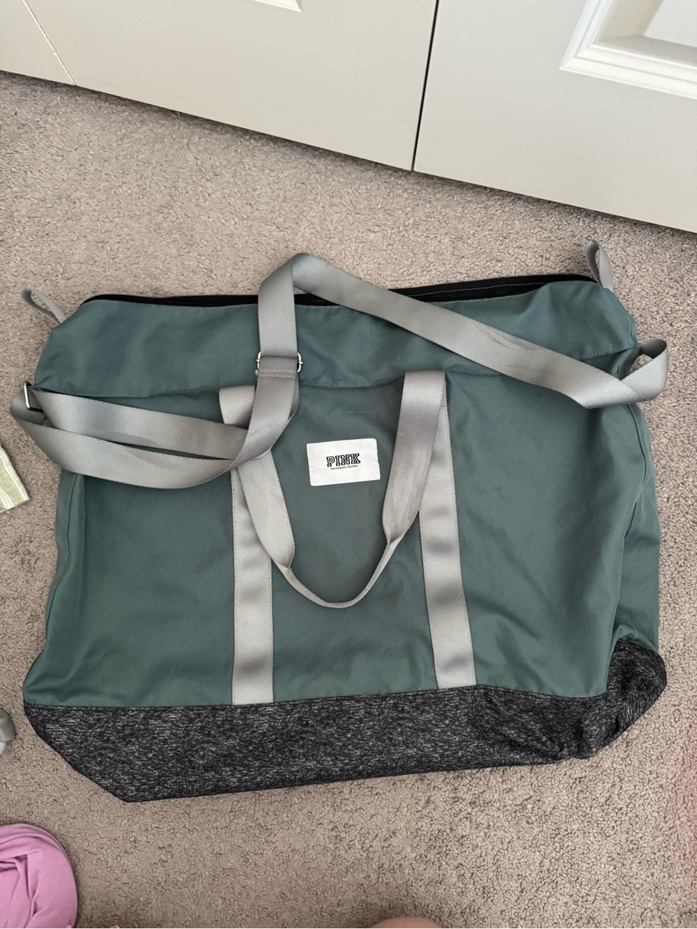 PINK Victoria's Secret Green Weekend Duffel Bag with Grey Accents
